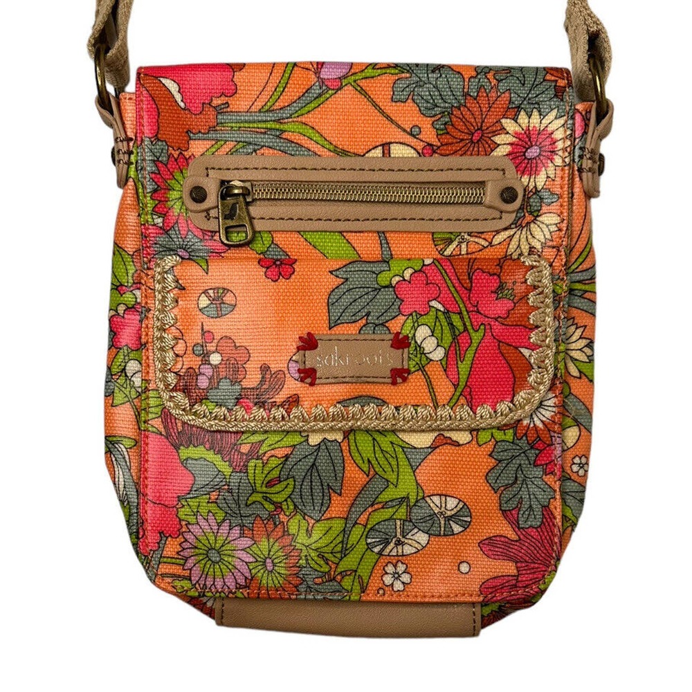 Sakroots Orange Floral Print Crossbody Messenger Flap Purse Bag Coated Canvas - Picture 2 of 13